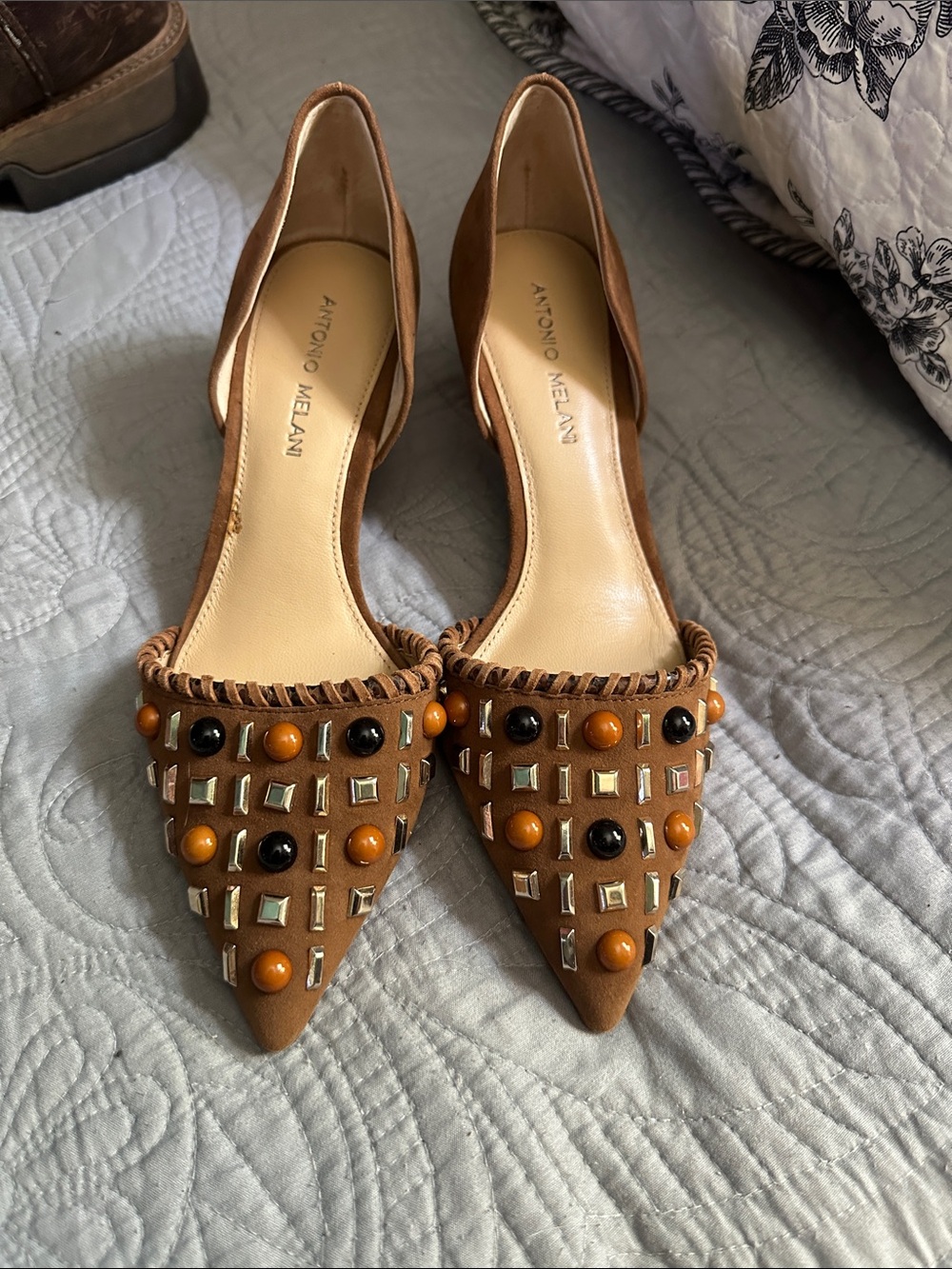 ANTONIO MELANI Tan suede Embellished Pointed Heels